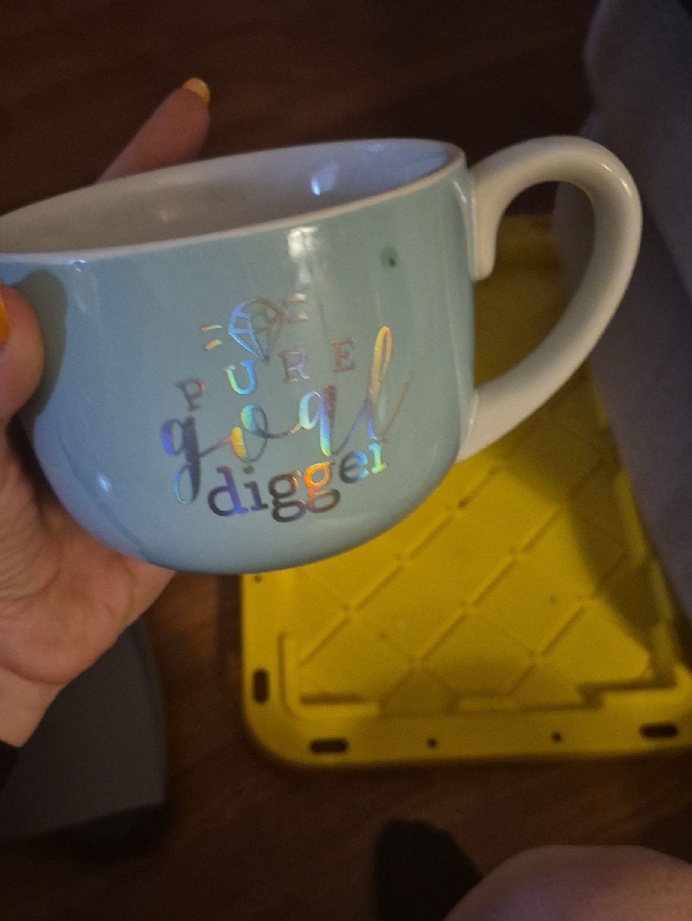 Iridescent Text Light Blue Soup Mug - "Pure Gold Digger"